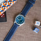 Navy Blue Leather Linen Stitching Watch Band