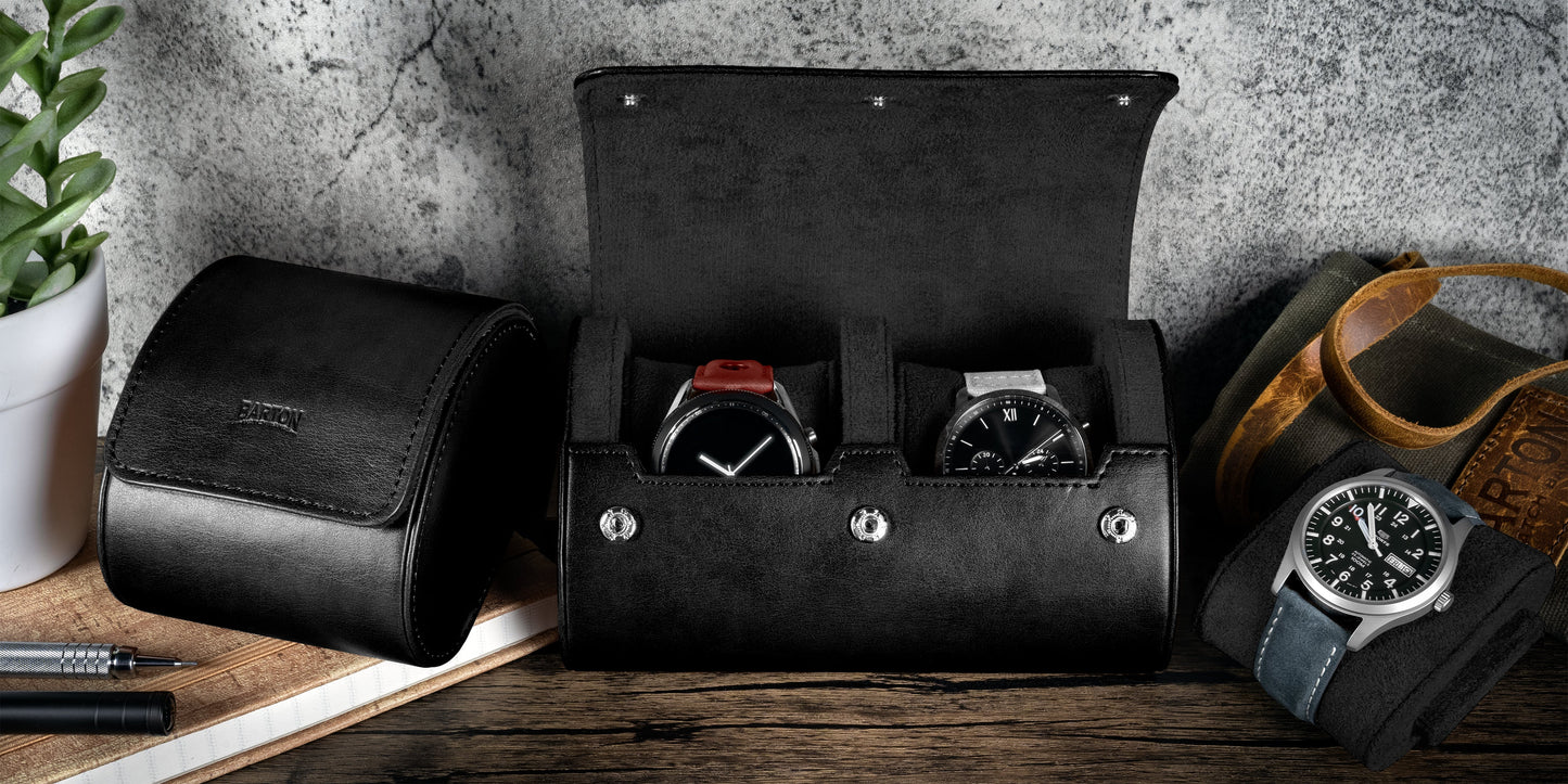 Double Recycled Leather Watch Roll Travel Case